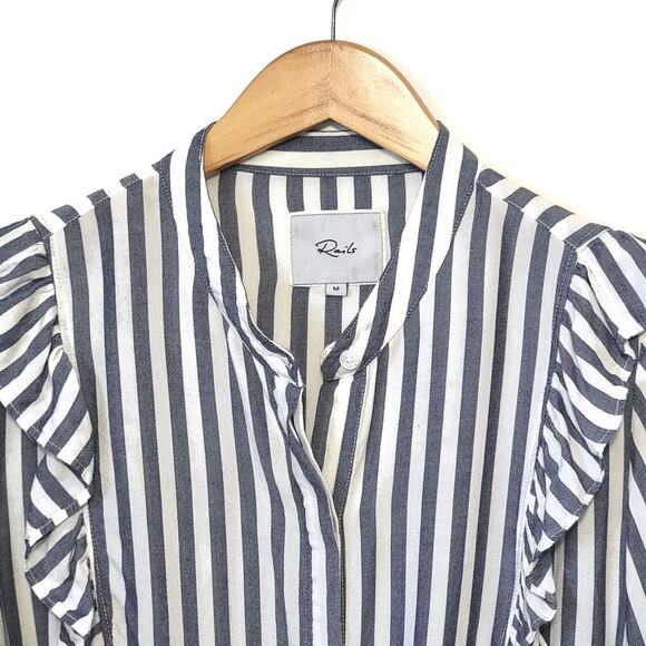 Rails Blue White Stripe Ruffle Tie Waist Long Sleeve Button Down Shirt M Chic - Picture 4 of 16